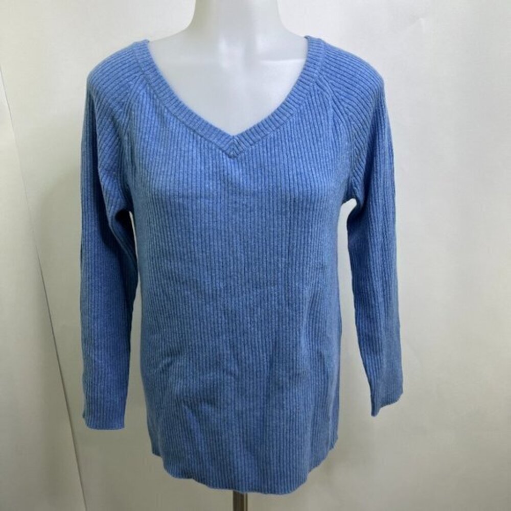 State Cashmere Sweater L Blue Striped V-neck 100% Cashmere Ribbed‎ Solid New